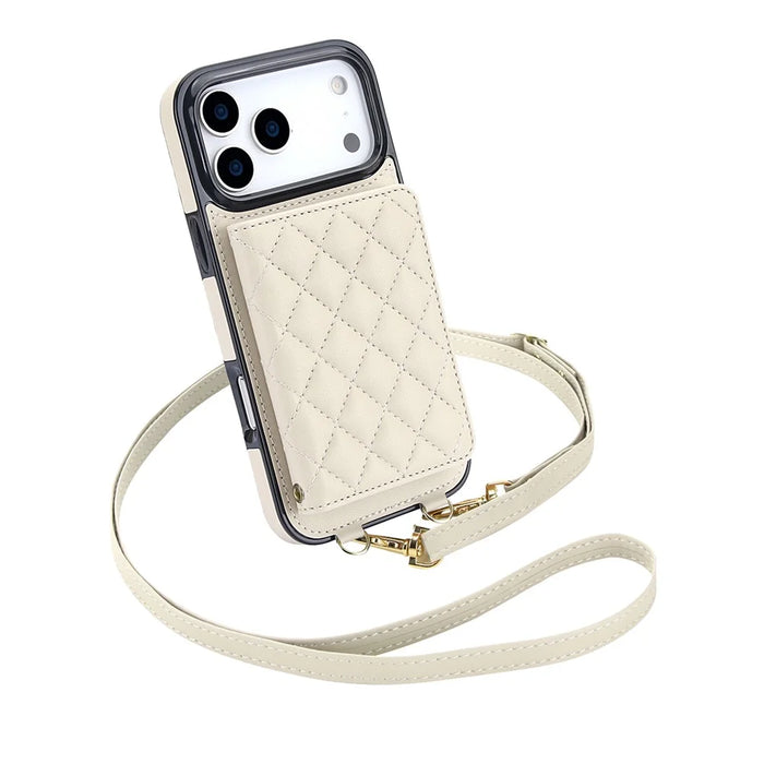 For iPhone 17 Pro Magnetic Case Detachable Card Holder Kickstand PU Leather Phone Back Cover with Wrist Strap + Long Strap - White - 6