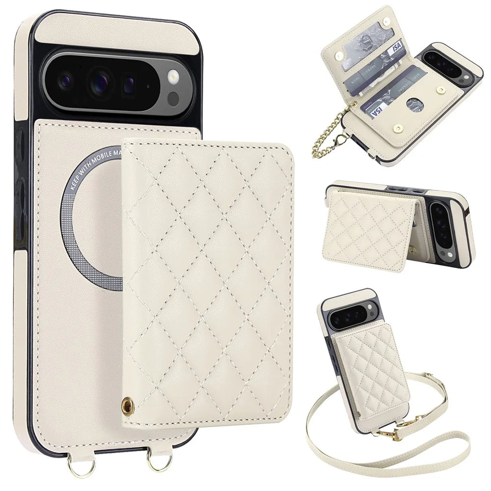 For Google Pixel 10 Pro XL Magnetic Case Detachable Card Holder Kickstand PU Leather Phone Back Cover with Wrist Strap + Long Strap - White - 1