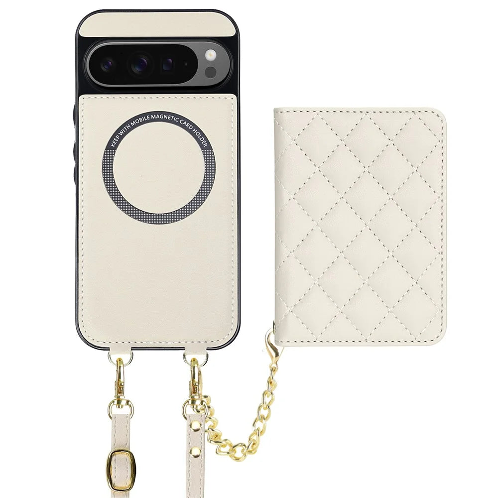 For Google Pixel 10 Pro XL Magnetic Case Detachable Card Holder Kickstand PU Leather Phone Back Cover with Wrist Strap + Long Strap - White - 2