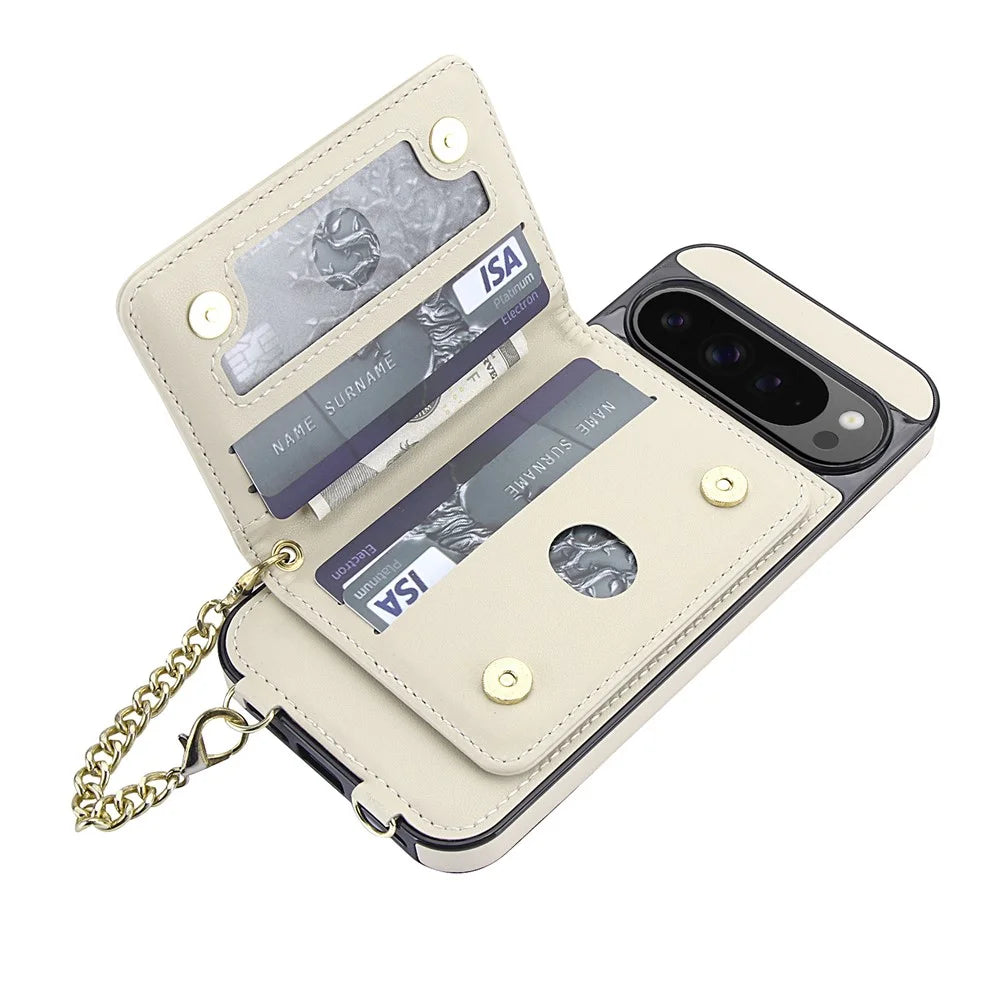 For Google Pixel 10 Pro XL Magnetic Case Detachable Card Holder Kickstand PU Leather Phone Back Cover with Wrist Strap + Long Strap - White - 3