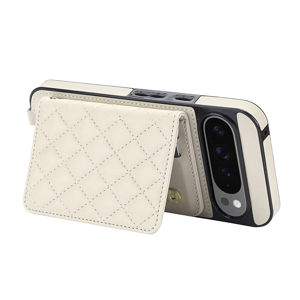 For Google Pixel 10 Pro XL Magnetic Case Detachable Card Holder Kickstand PU Leather Phone Back Cover with Wrist Strap + Long Strap - White - 4