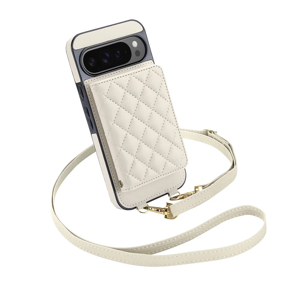 For Google Pixel 10 Pro XL Magnetic Case Detachable Card Holder Kickstand PU Leather Phone Back Cover with Wrist Strap + Long Strap - White - 5