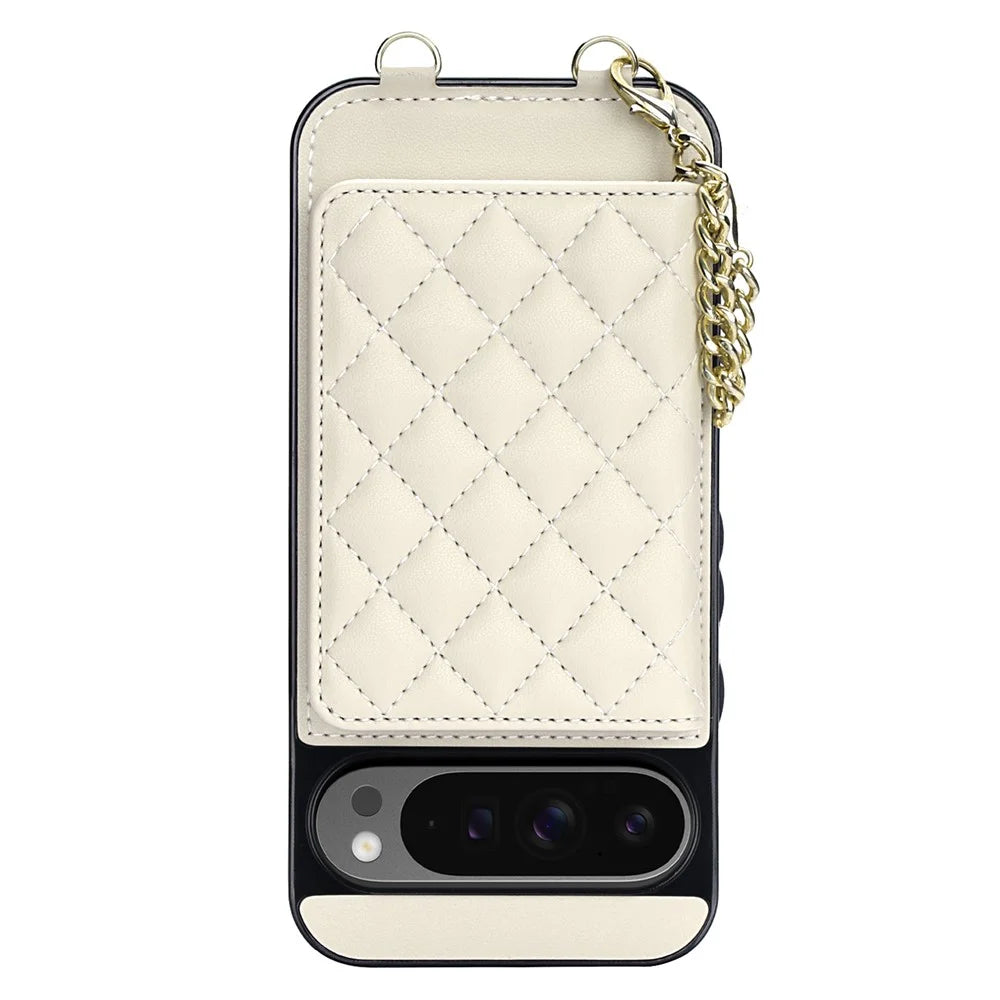 For Google Pixel 10 Pro XL Magnetic Case Detachable Card Holder Kickstand PU Leather Phone Back Cover with Wrist Strap + Long Strap - White - 6