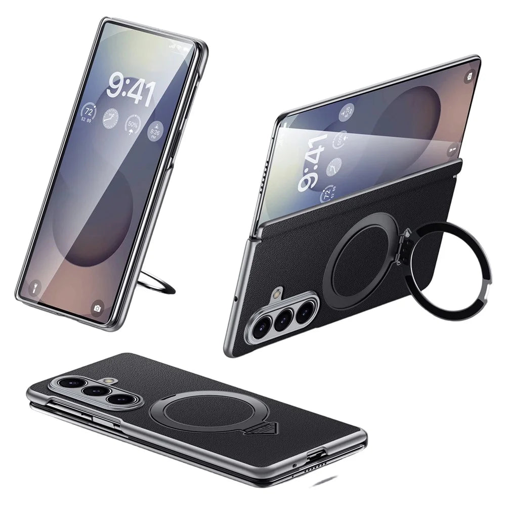 For Samsung Galaxy Z Fold7 5G Magnetic Case Genuine Cow Leather + PC Kickstand Phone Cover - Black - 1