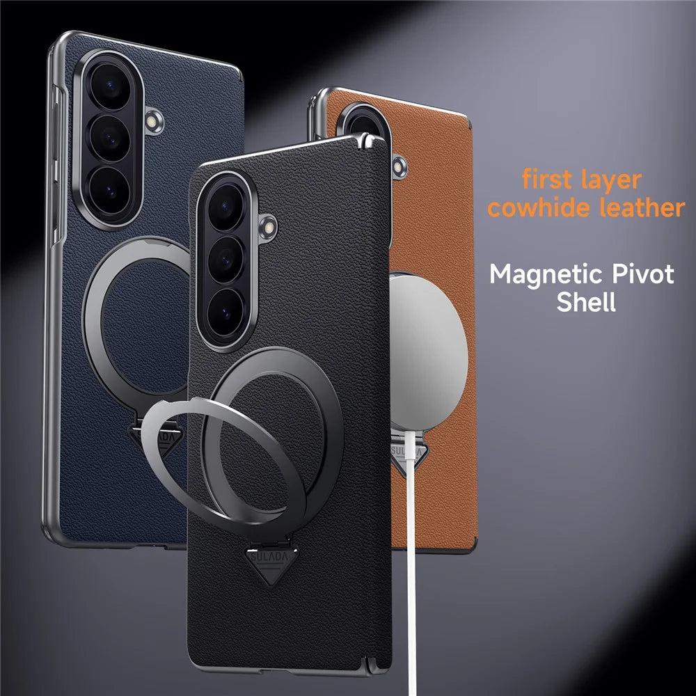 For Samsung Galaxy Z Fold7 5G Magnetic Case Genuine Cow Leather + PC Kickstand Phone Cover - Black - 4