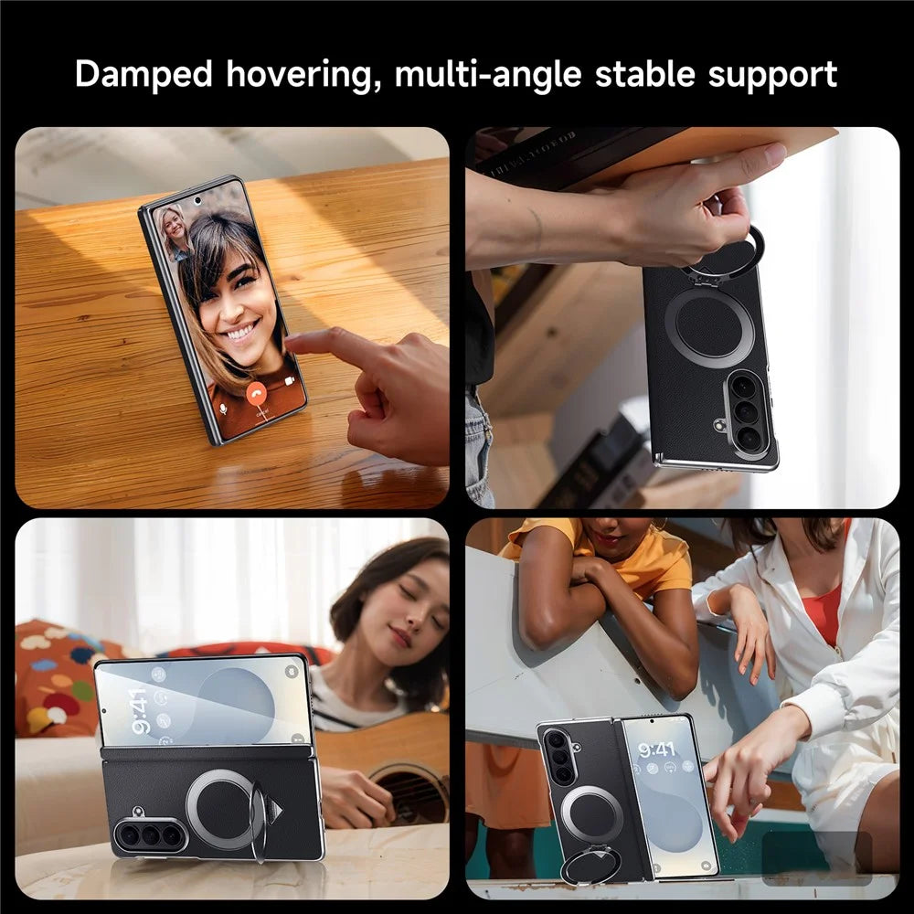 For Samsung Galaxy Z Fold7 5G Magnetic Case Genuine Cow Leather + PC Kickstand Phone Cover - Black - 5