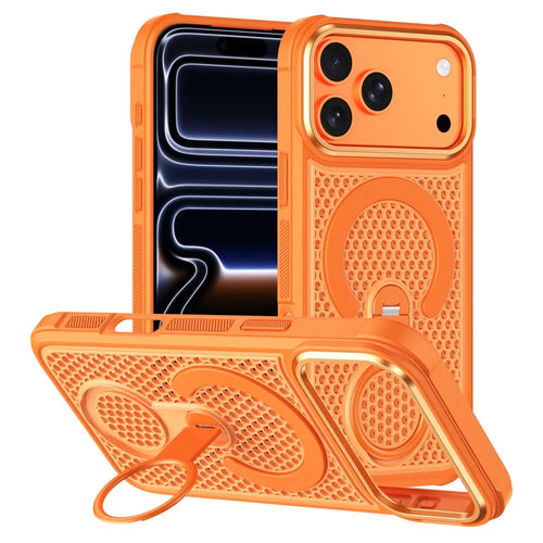 For iPhone 18 Pro / 17 Pro Magnetic Case with 360° Rotating Ring Kickstand Heat Dissipation Honeycomb PC TPU Cover Compatible with Magsafe - Orange - 1