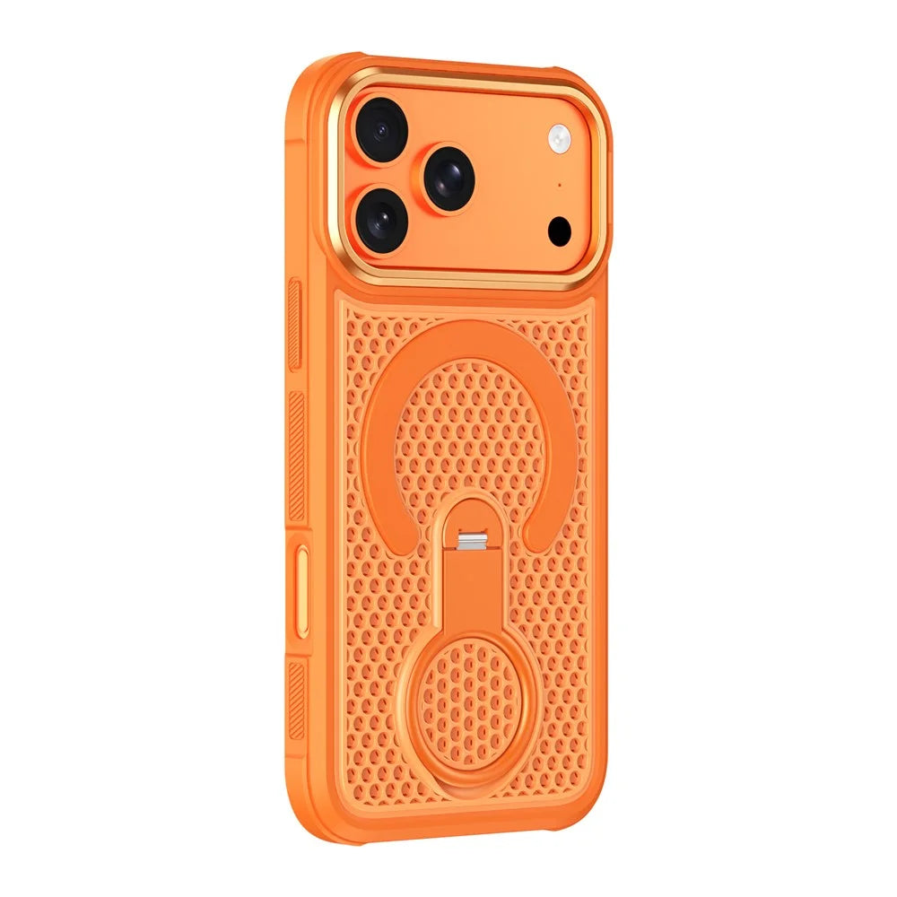 For iPhone 18 Pro / 17 Pro Magnetic Case with 360° Rotating Ring Kickstand Heat Dissipation Honeycomb PC TPU Cover Compatible with Magsafe - Orange - 2
