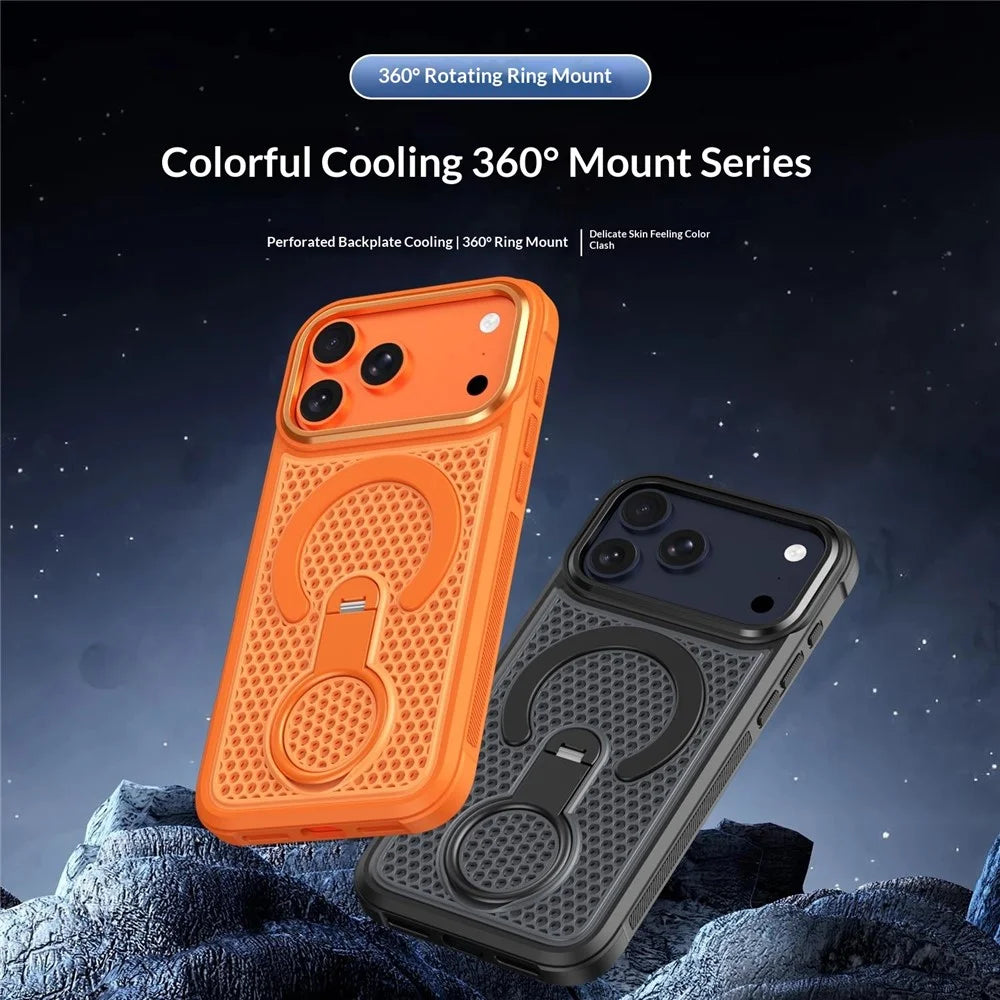 For iPhone 18 Pro / 17 Pro Magnetic Case with 360° Rotating Ring Kickstand Heat Dissipation Honeycomb PC TPU Cover Compatible with Magsafe - Orange - 4