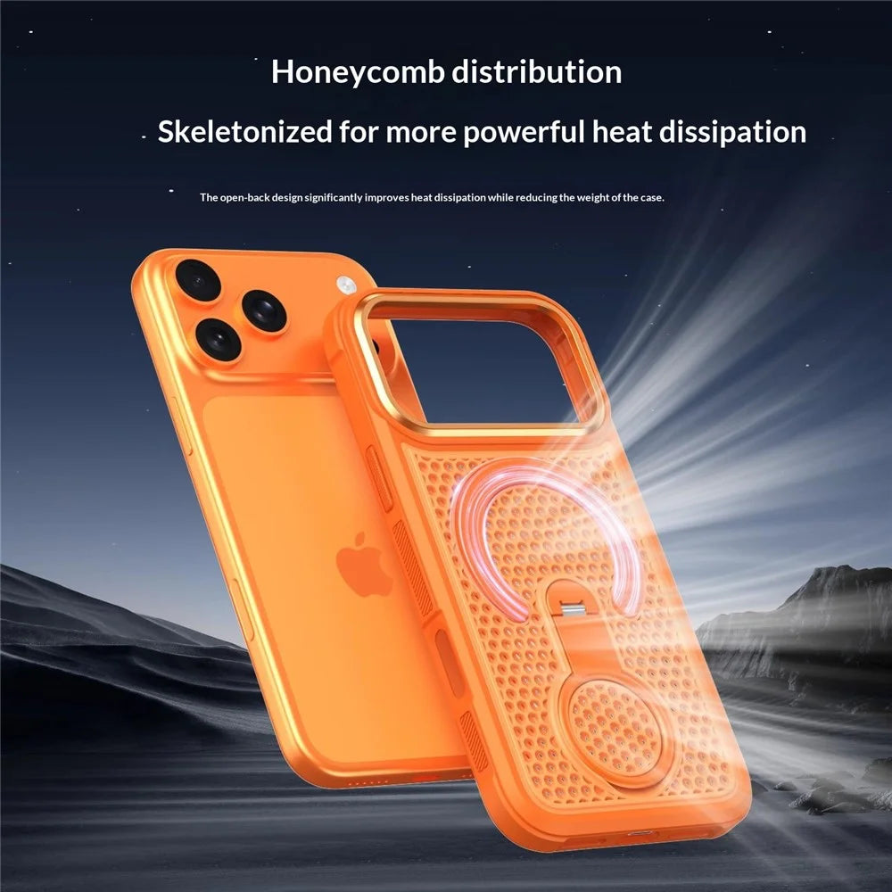 For iPhone 18 Pro / 17 Pro Magnetic Case with 360° Rotating Ring Kickstand Heat Dissipation Honeycomb PC TPU Cover Compatible with Magsafe - Orange - 5
