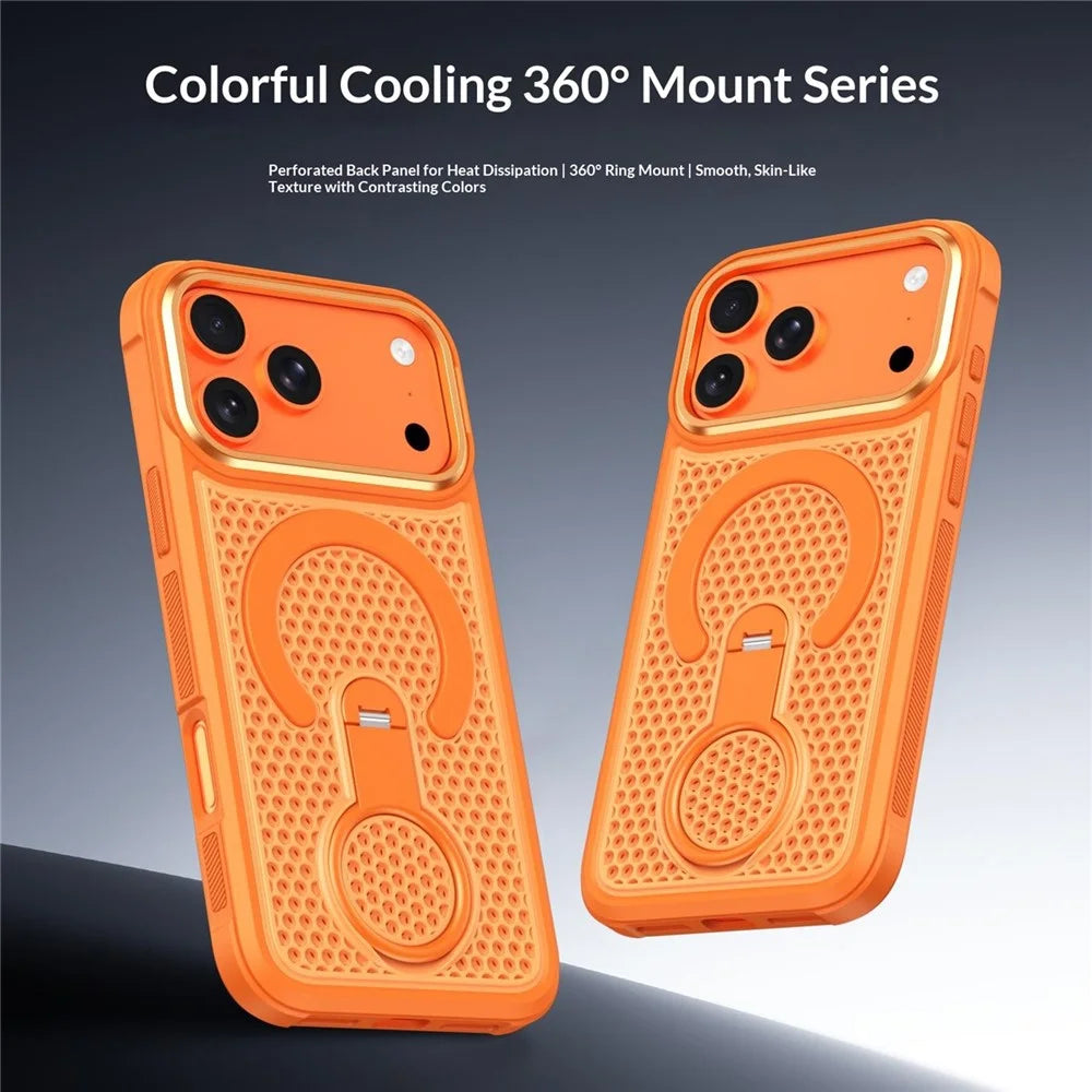 For iPhone 18 Pro Max / 17 Pro Max Magnetic Case with 360° Rotating Ring Kickstand Heat Dissipation Honeycomb PC TPU Cover Compatible with Magsafe - Orange - 3