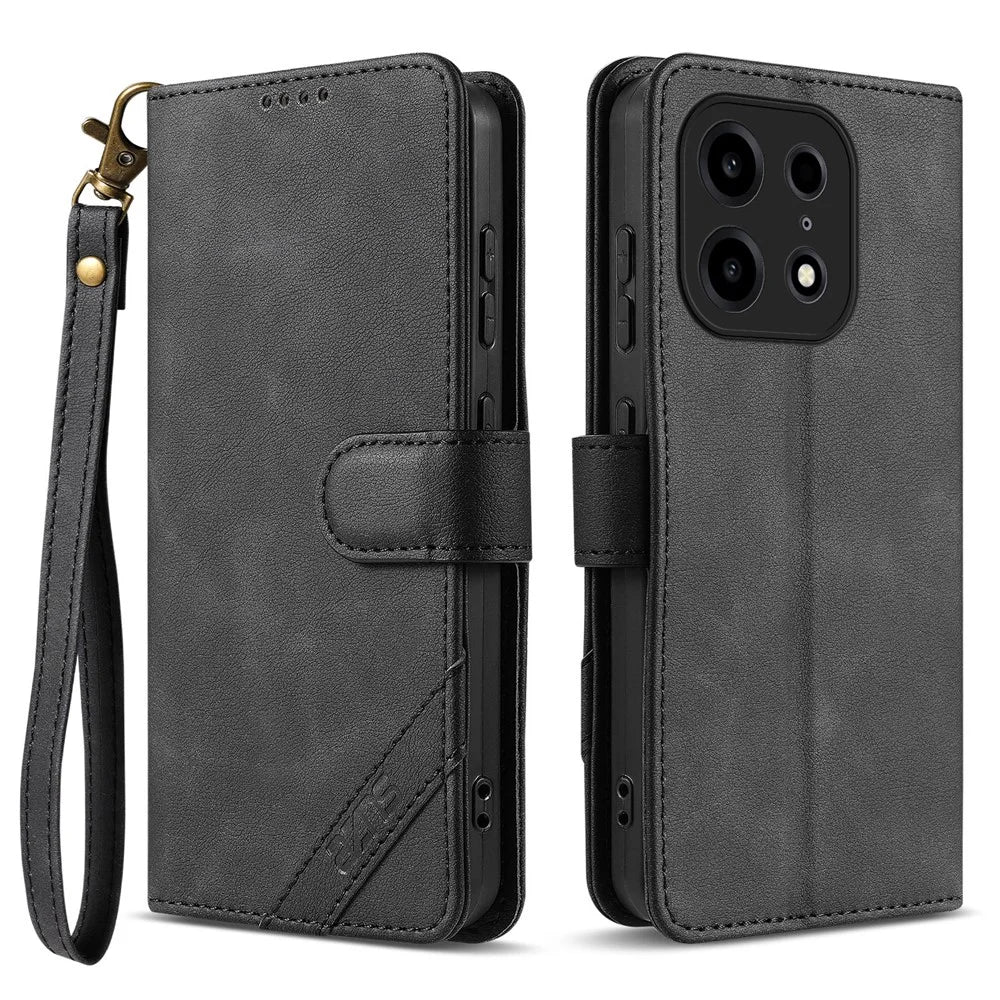 AZNS A2 for OnePlus Turbo 6X Pro 5G Leather Case with Wrist Strap RFID Blocking Wallet Stand Phone Cover - Black - 1