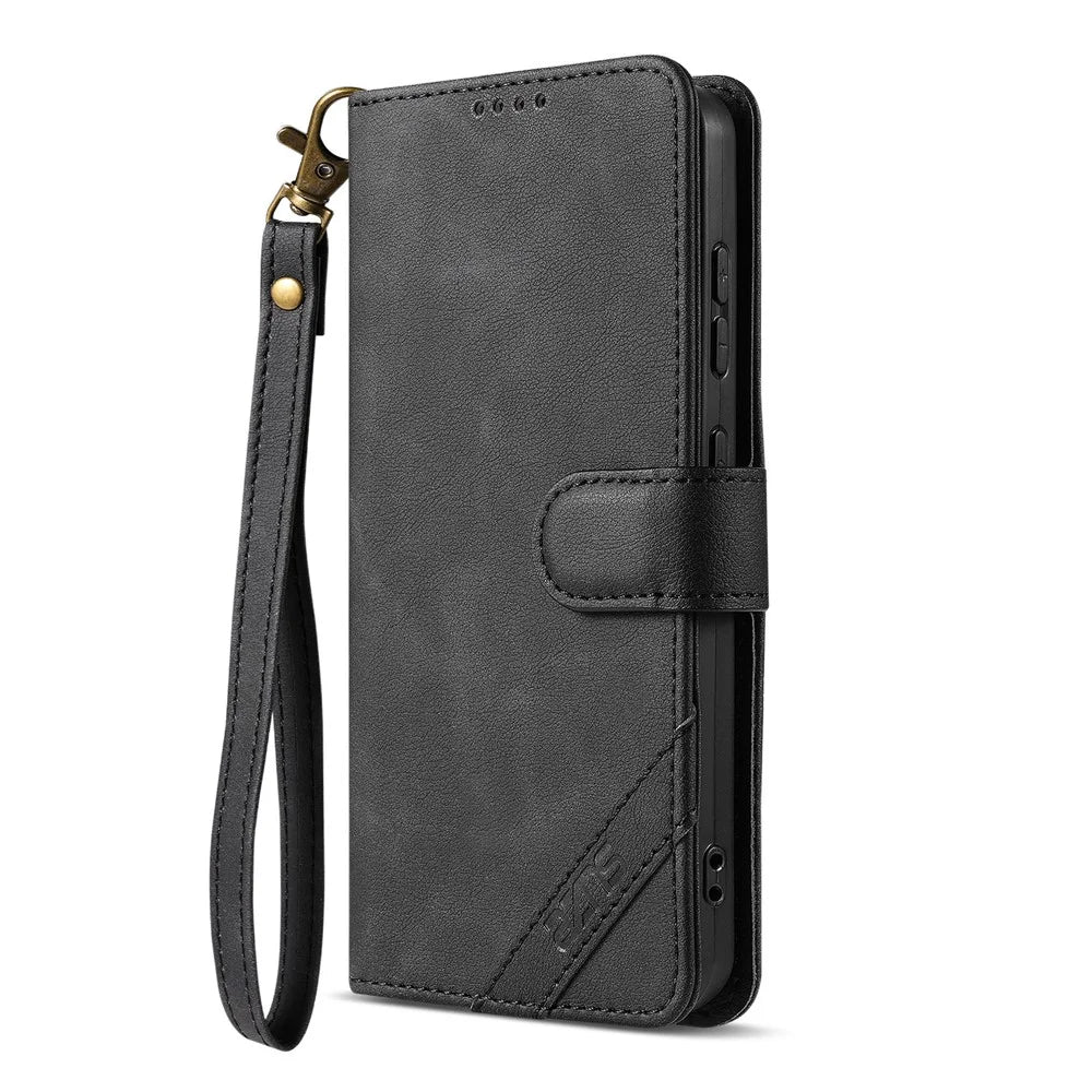 AZNS A2 for OnePlus Turbo 6X Pro 5G Leather Case with Wrist Strap RFID Blocking Wallet Stand Phone Cover - Black - 4