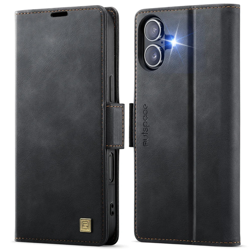 AUTSPACE for iPhone 17 Case  A11 RFID Blocking Retro Leather Cell Phone Wallet Cover - Black - 1
