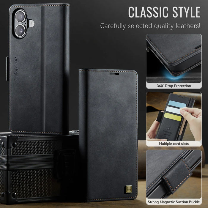 AUTSPACE for iPhone 17 Case  A11 RFID Blocking Retro Leather Cell Phone Wallet Cover - Black - 3