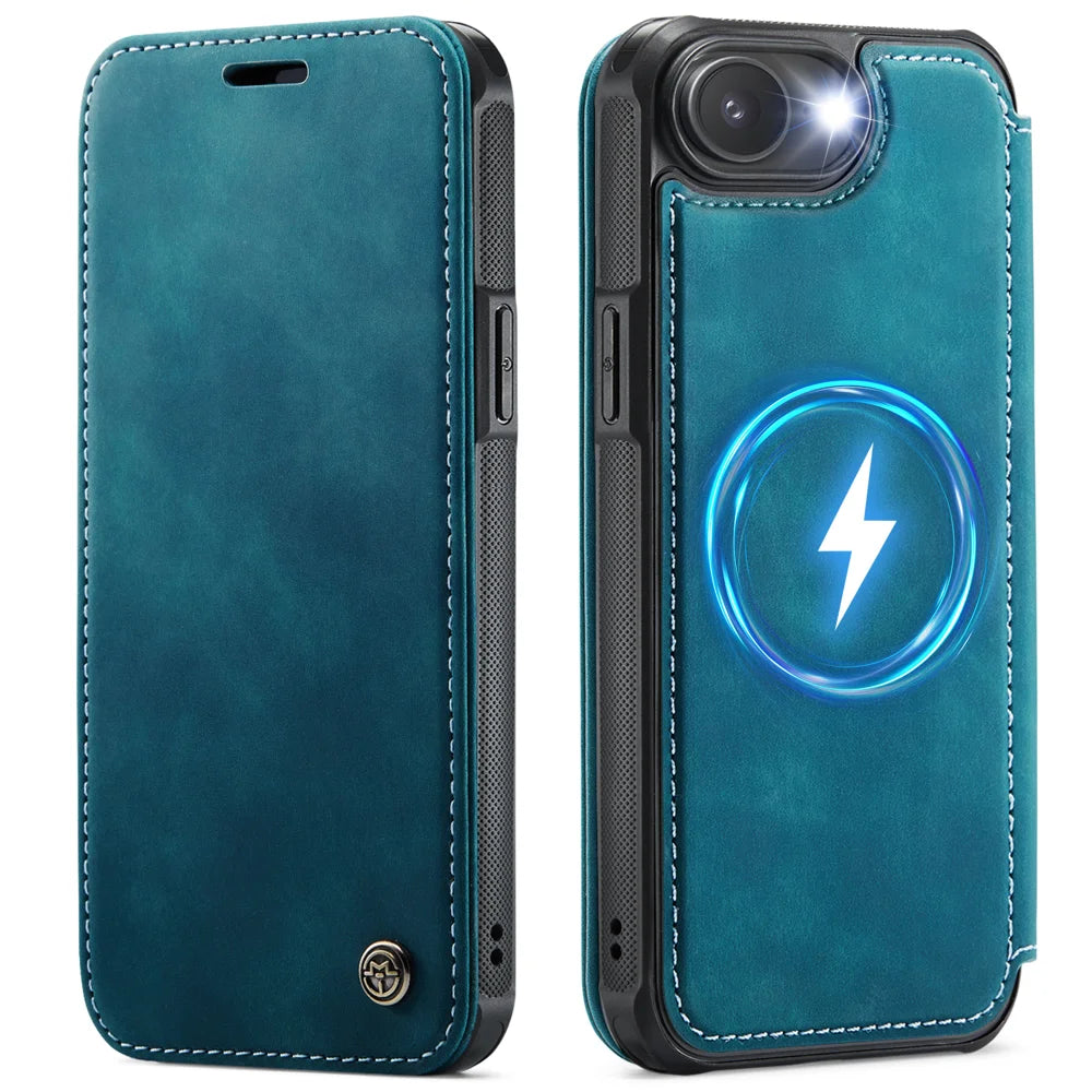 CASEME for iPhone 16e / iPhone 17e Case  053  Magnetic RFID Blocking Wallet Flip Leather Phone Cover - Retro Blue - 1