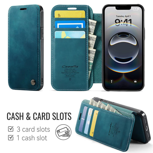 CASEME for iPhone 16e / iPhone 17e Case  053  Magnetic RFID Blocking Wallet Flip Leather Phone Cover - Retro Blue - 2