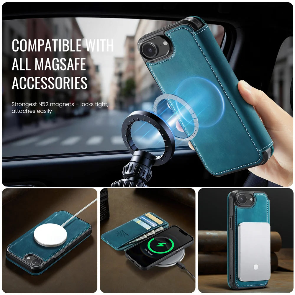 CASEME for iPhone 16e / iPhone 17e Case  053  Magnetic RFID Blocking Wallet Flip Leather Phone Cover - Retro Blue - 3