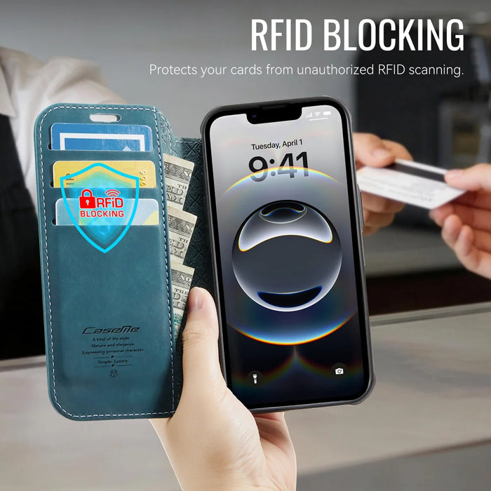 CASEME for iPhone 16e / iPhone 17e Case  053  Magnetic RFID Blocking Wallet Flip Leather Phone Cover - Retro Blue - 5