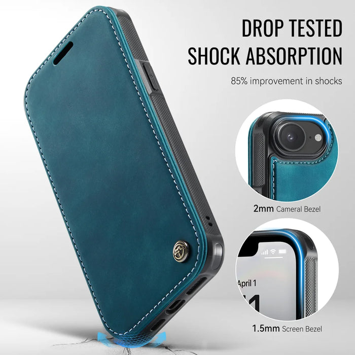 CASEME for iPhone 16e / iPhone 17e Case  053  Magnetic RFID Blocking Wallet Flip Leather Phone Cover - Retro Blue - 7