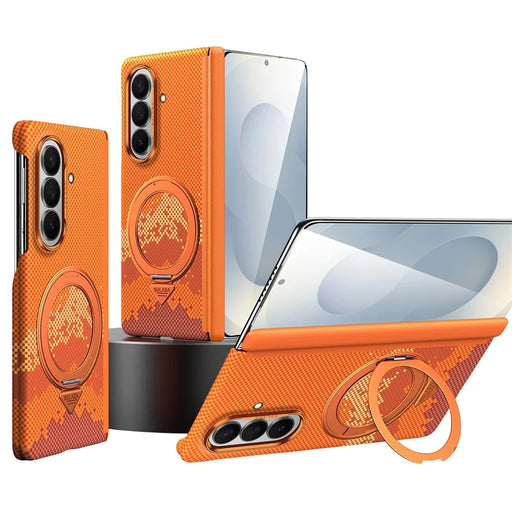 SULADA for Samsung Galaxy Z Fold8 Ultra Magnetic Case 360° Rotating Ring Kickstand Golden Mountain Pattern PC Slim Phone Cover - Orange - 1