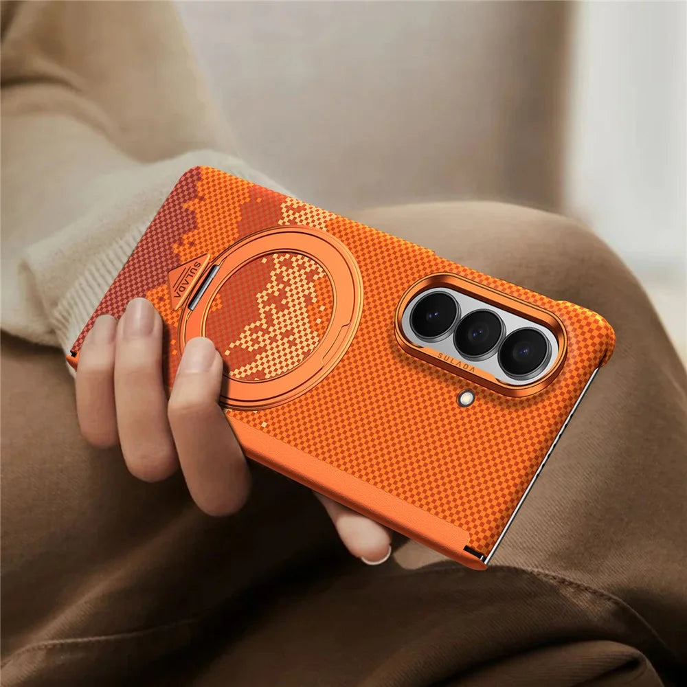 SULADA for Samsung Galaxy Z Fold8 Ultra Magnetic Case 360° Rotating Ring Kickstand Golden Mountain Pattern PC Slim Phone Cover - Orange - 2