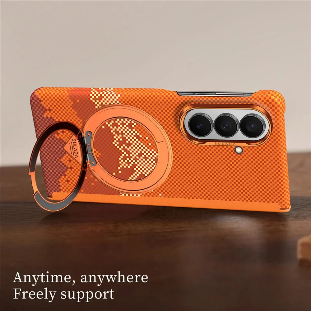 SULADA for Samsung Galaxy Z Fold8 Ultra Magnetic Case 360° Rotating Ring Kickstand Golden Mountain Pattern PC Slim Phone Cover - Orange - 3