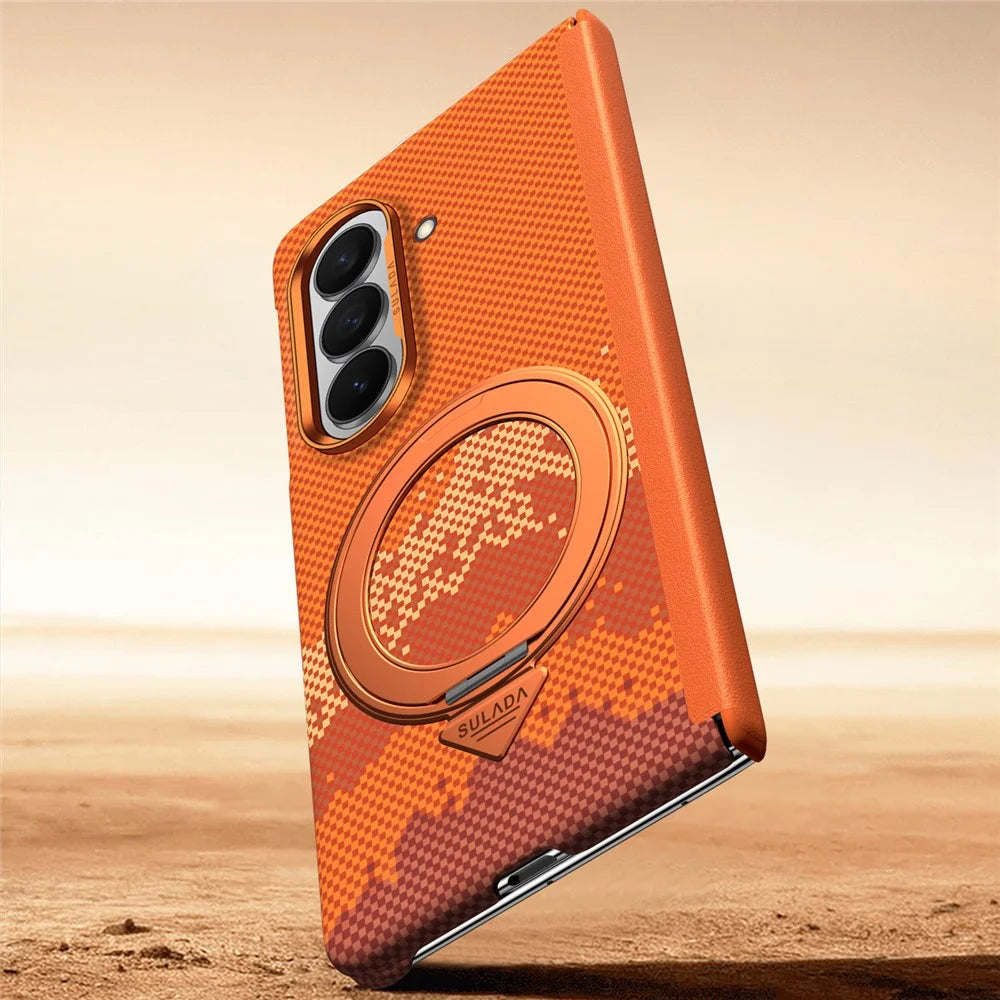 SULADA for Samsung Galaxy Z Fold8 Ultra Magnetic Case 360° Rotating Ring Kickstand Golden Mountain Pattern PC Slim Phone Cover - Orange - 4