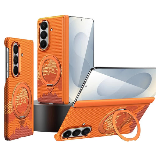 SULADA for Samsung Galaxy Z Fold7 5G Magnetic Case 360° Rotating Ring Kickstand Golden Mountain Pattern PC Slim Phone Cover - Orange - 1