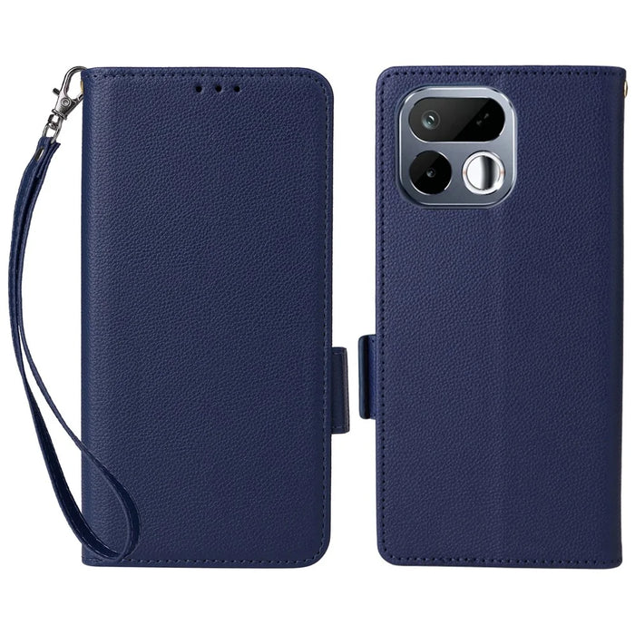 For Realme 16T 5G Case Litchi Texture Wallet Leather Phone Cover with Wrist Strap - Dark Blue - 1