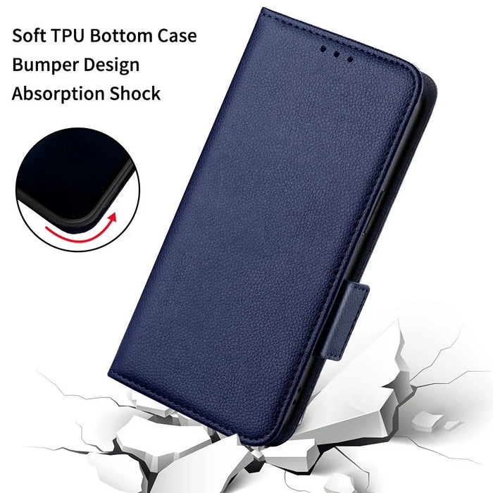 For Realme 16T 5G Case Litchi Texture Wallet Leather Phone Cover with Wrist Strap - Dark Blue - 6