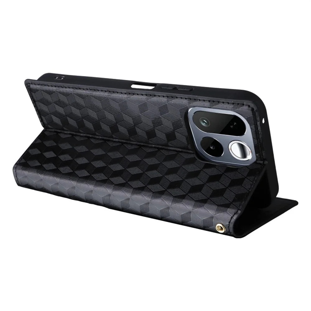 For Realme 16T 5G Case Wallet Rhombus Imprinted PU Leather Phone Cover - Black - 4