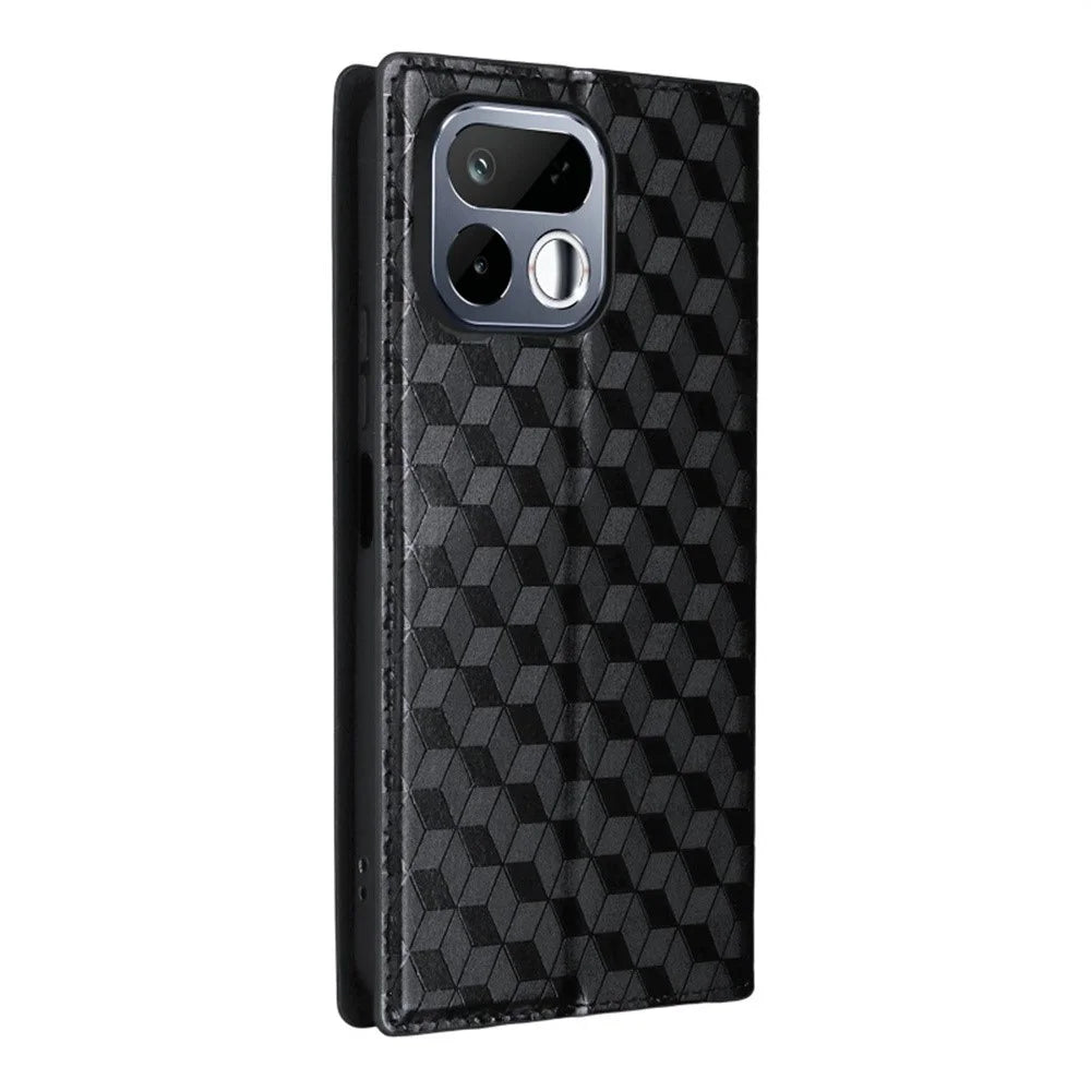 For Realme 16T 5G Case Wallet Rhombus Imprinted PU Leather Phone Cover - Black - 6