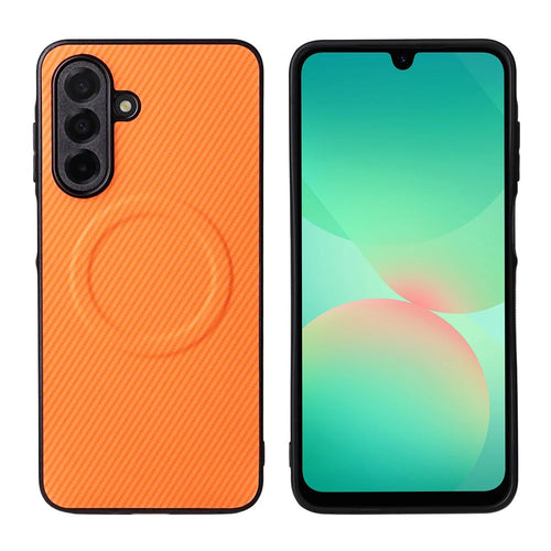 For Samsung Galaxy A16 4G  /  A16 5G Case Carbon Fiber Texture Leather Coated TPU PC Phone Cover with Metal Ring for Magnetic Car Mount - Orange - 1