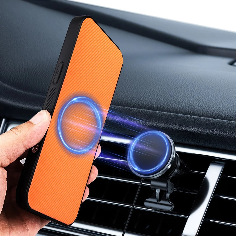 For Samsung Galaxy A16 4G  /  A16 5G Case Carbon Fiber Texture Leather Coated TPU PC Phone Cover with Metal Ring for Magnetic Car Mount - Orange - 4