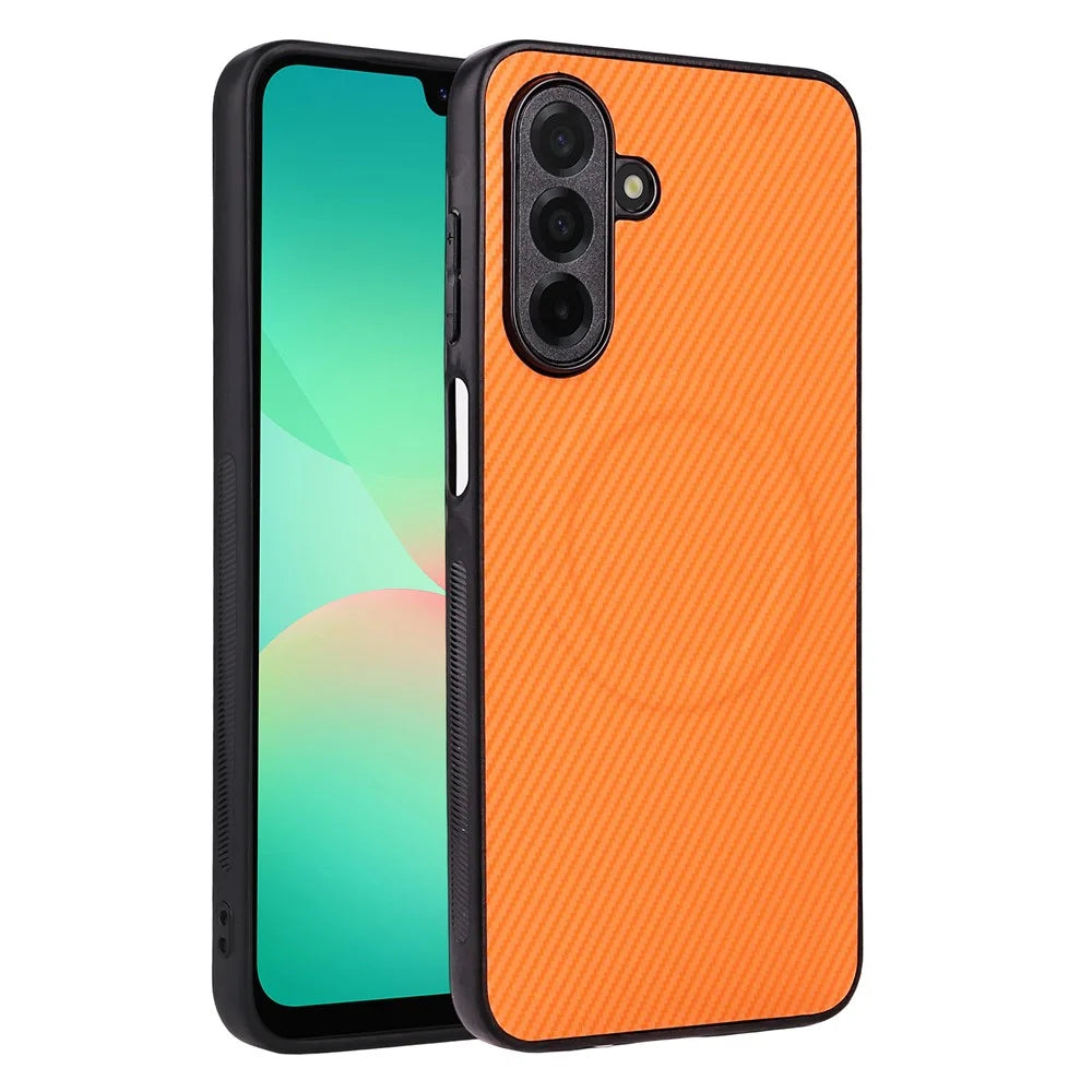 For Samsung Galaxy A18 5G / A18 4G / A17 5G / A17 4G Case Carbon Fiber Texture Leather Coated TPU PC Phone Cover with Metal Ring for Magnetic Car Mount - Orange - 2