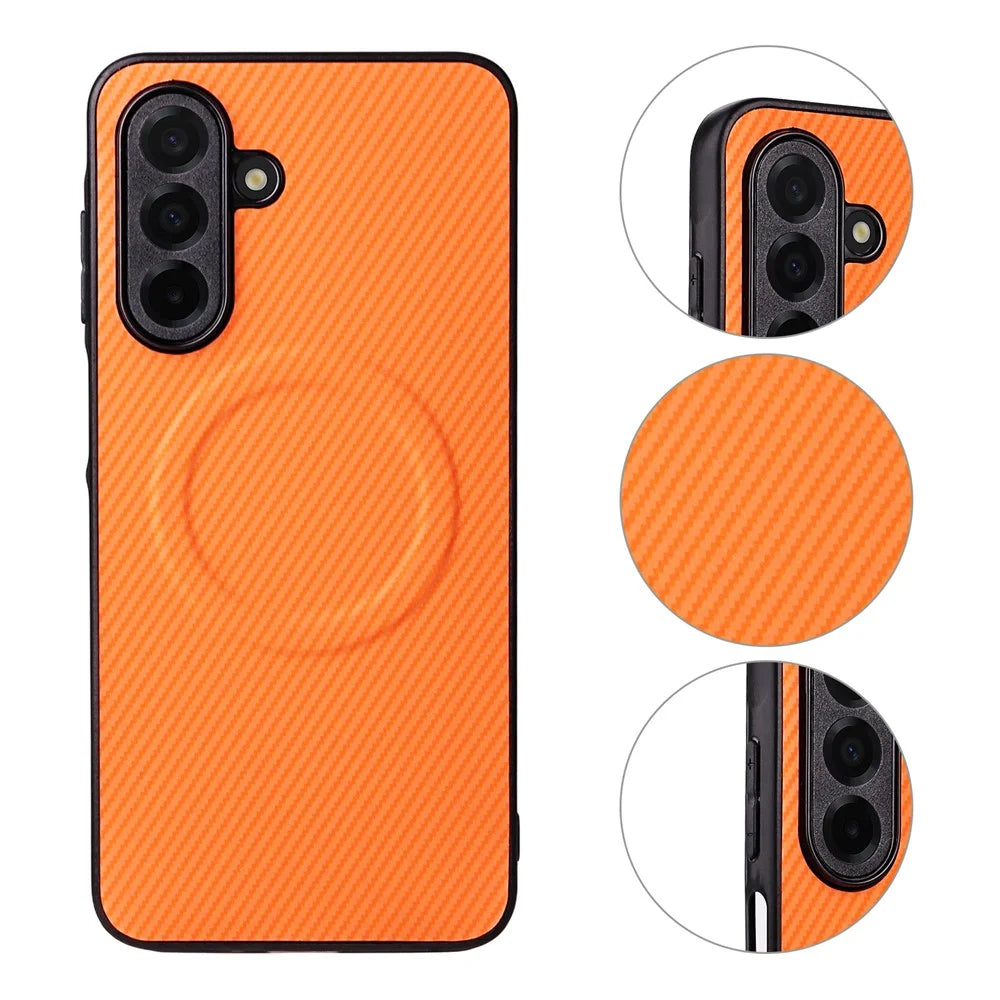 For Samsung Galaxy A18 5G / A18 4G / A17 5G / A17 4G Case Carbon Fiber Texture Leather Coated TPU PC Phone Cover with Metal Ring for Magnetic Car Mount - Orange - 3