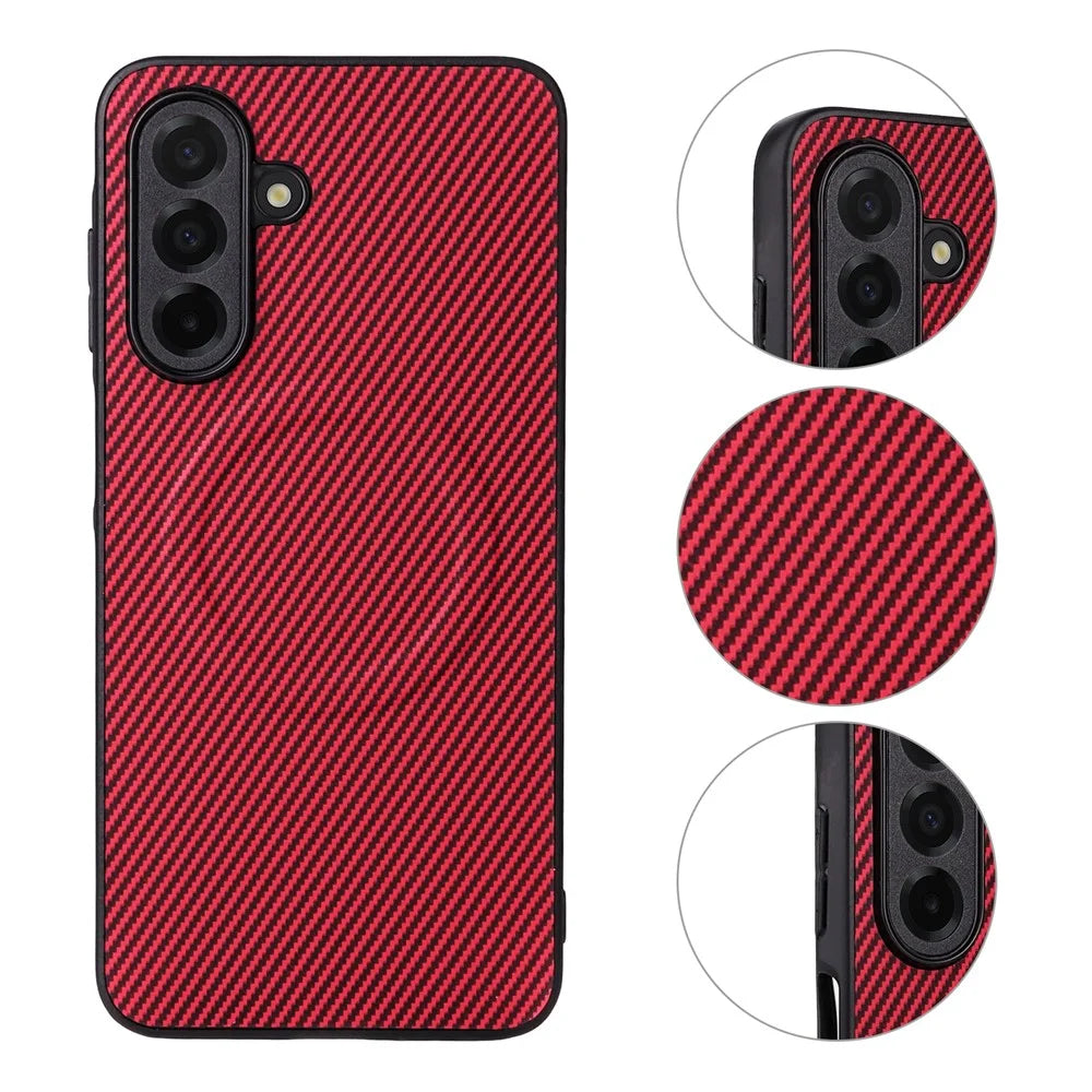 For Samsung Galaxy A25 5G (Global) (161mm) Case Carbon Fiber Texture Leather Coated TPU PC Phone Cover with Metal Ring for Magnetic Car Mount - Red - 3