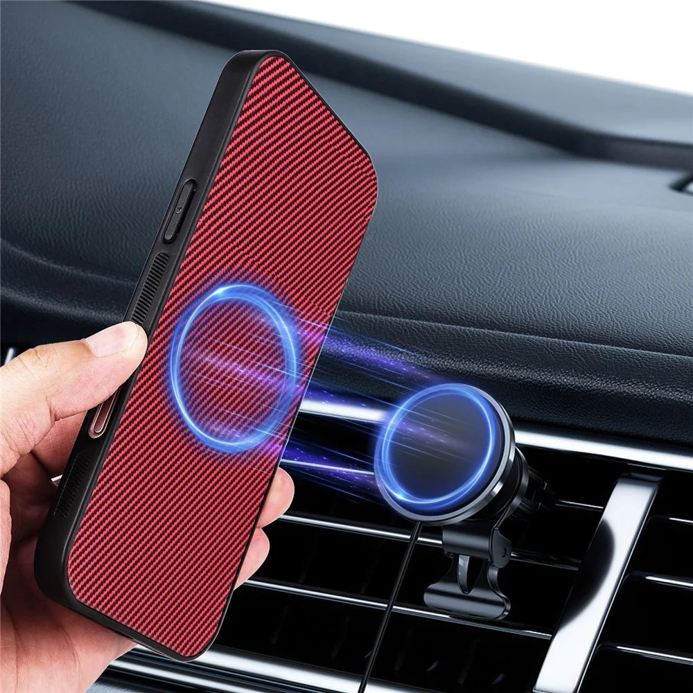 For Samsung Galaxy A25 5G (Global) (161mm) Case Carbon Fiber Texture Leather Coated TPU PC Phone Cover with Metal Ring for Magnetic Car Mount - Red - 4