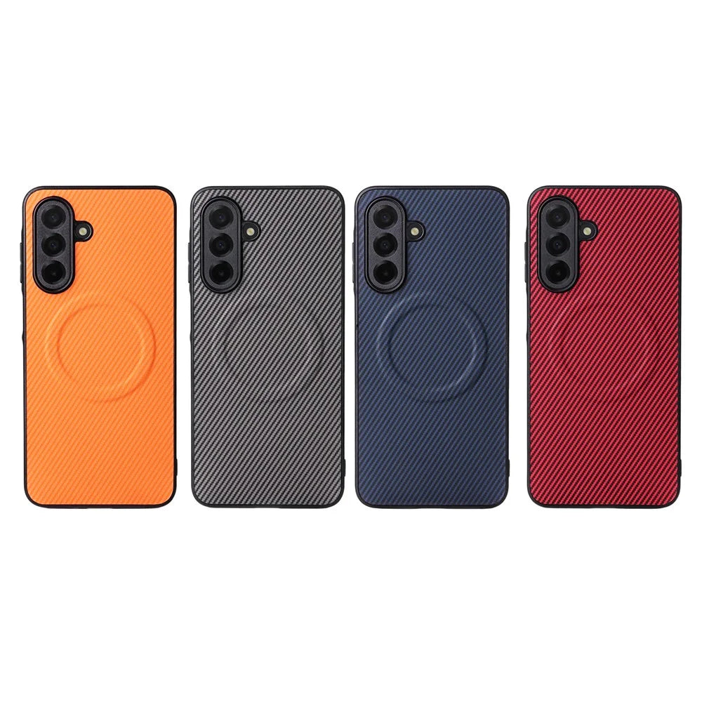 For Samsung Galaxy A25 5G (Global) (161mm) Case Carbon Fiber Texture Leather Coated TPU PC Phone Cover with Metal Ring for Magnetic Car Mount - Red - 7