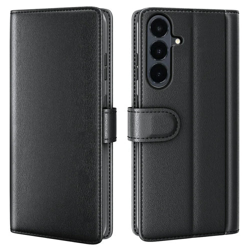 For Samsung Galaxy S26 FE Case Genuine Split Leather Phone Cover with Wallet Stand - Black - 1