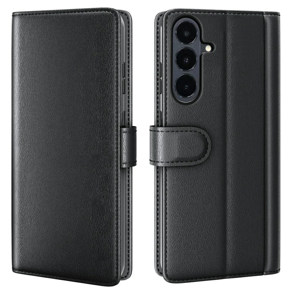For Samsung Galaxy S26 FE Case Genuine Split Leather Phone Cover with Wallet Stand - Black - 1