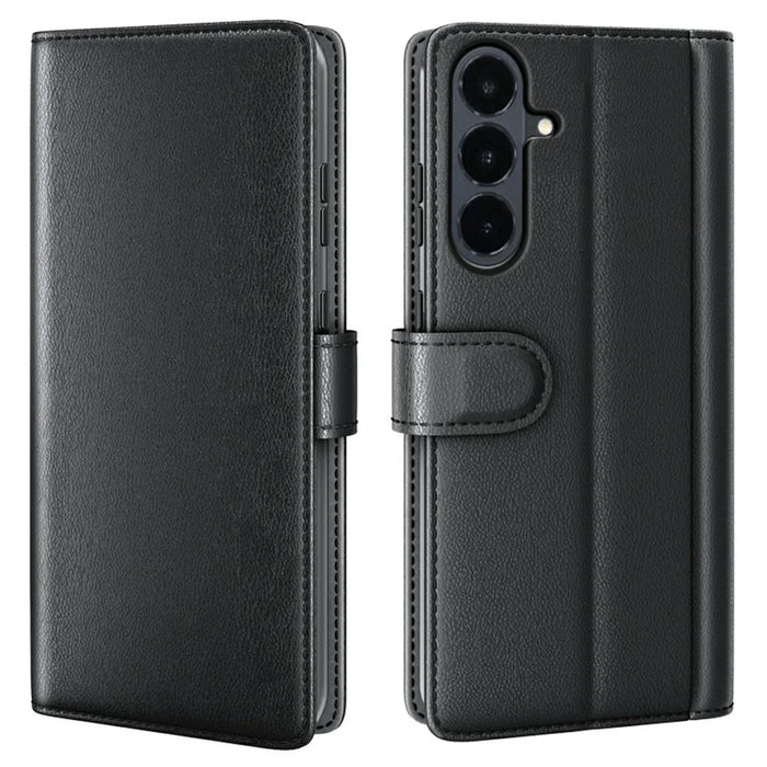 For Samsung Galaxy S26 FE Case Genuine Split Leather Phone Cover with Wallet Stand - Black - 1
