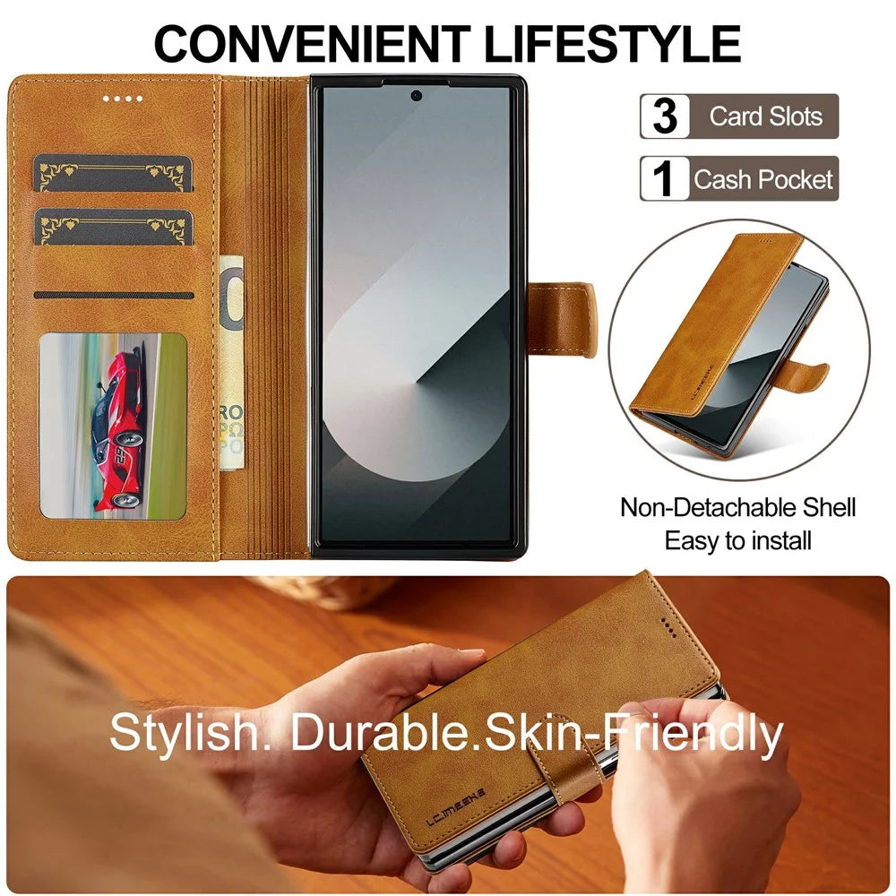 LC.IMEEKE for Samsung Galaxy Z Fold8 Ultra Case Wallet Calf Texture Leather Phone Cover - Yellow - 6