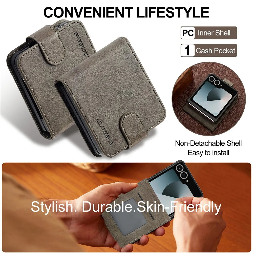 LC.IMEEKE for Samsung Galaxy Z Flip8 Case Calf Texture PU Leather Phone Cover - Grey - 7