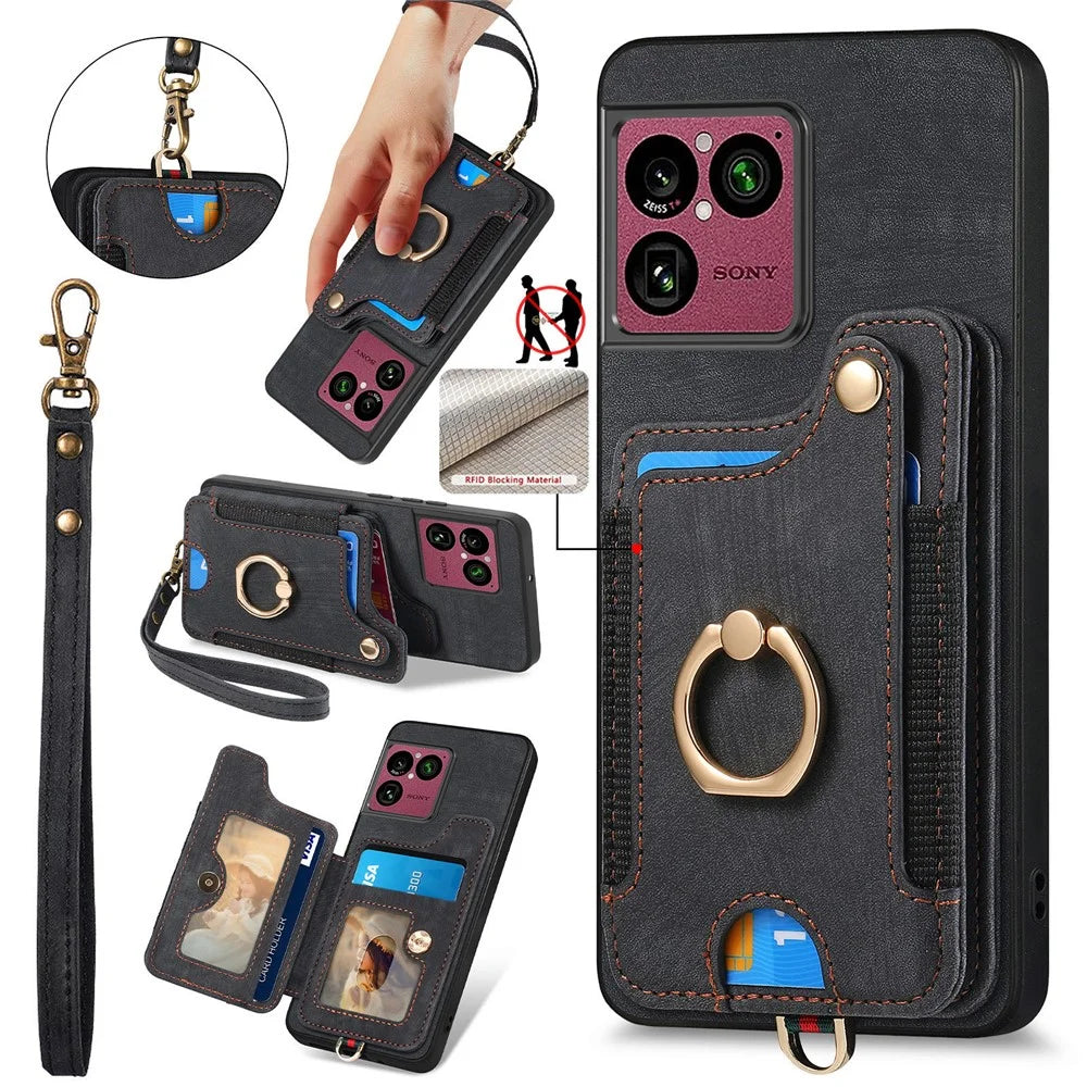 For Sony Xperia 1 VIII Retro PU Leather Case Phone Cover with RFID Blocking Card Holder / Ring Holder - Black - 1