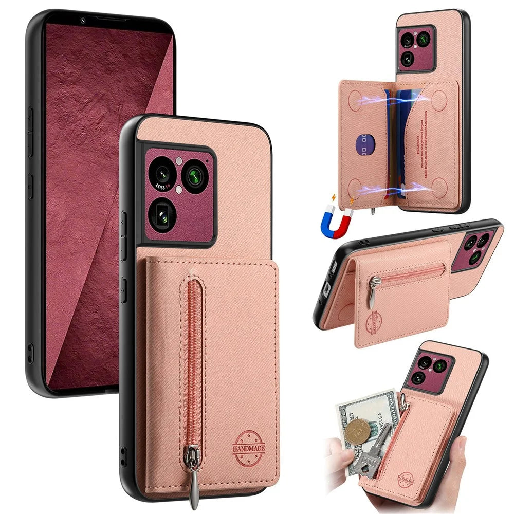 For Sony Xperia 1 VIII Case Zipper Card Holder Kickstand Jeans Cloth Texture Leather Back Cover - Pink - 1