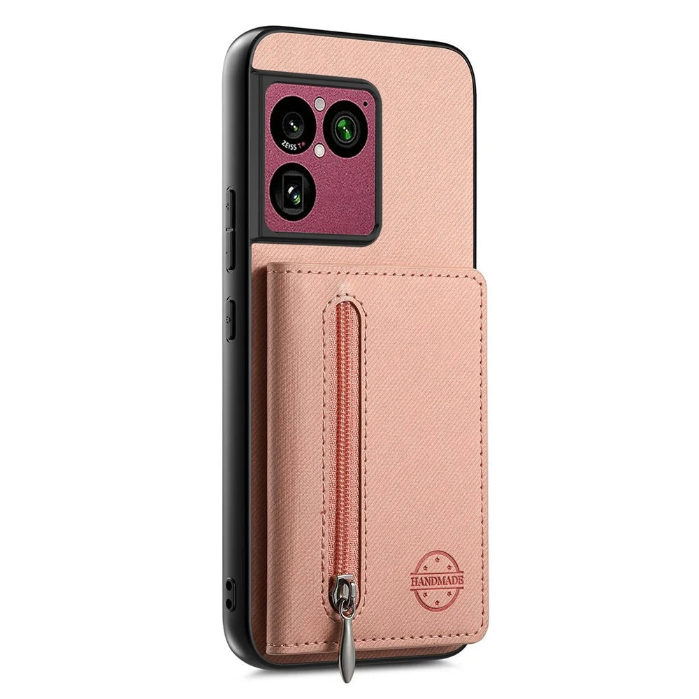 For Sony Xperia 1 VIII Case Zipper Card Holder Kickstand Jeans Cloth Texture Leather Back Cover - Pink - 2