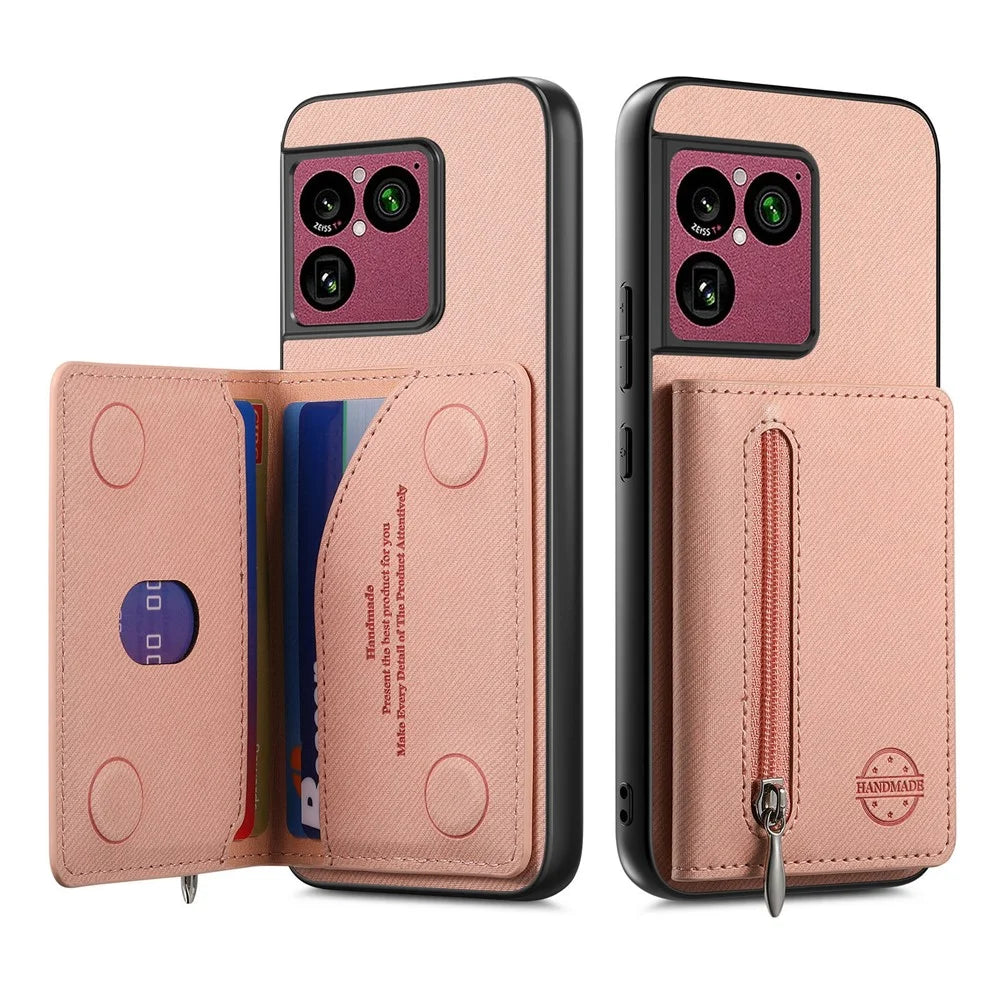 For Sony Xperia 1 VIII Case Zipper Card Holder Kickstand Jeans Cloth Texture Leather Back Cover - Pink - 3