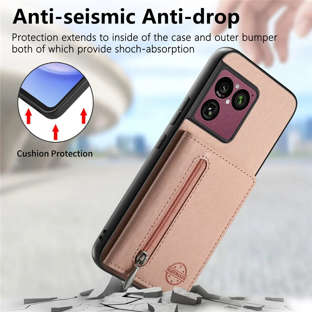 For Sony Xperia 1 VIII Case Zipper Card Holder Kickstand Jeans Cloth Texture Leather Back Cover - Pink - 4
